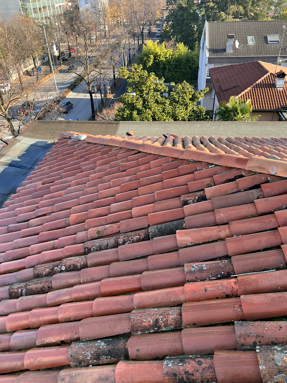 Tetti e coperture: dettaglio ravvicinato del bordo della copertura con pannello OSB e struttura in ferro